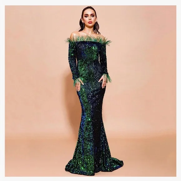 Missord | Dresses | New Miss Ord Off Shoulder Feather Longsleeve Sequin Evening  Maxi Dress Gown | Poshmark